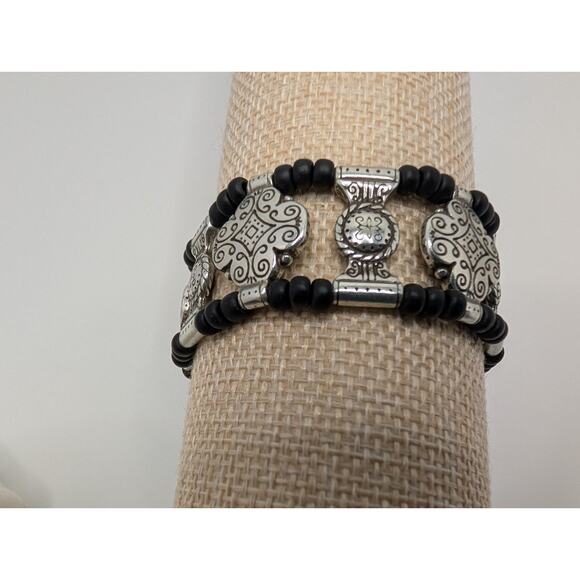 Brighton Silver Tone Black Bead Bracelet Adjustable Length Unique Design - Picture 3 of 10